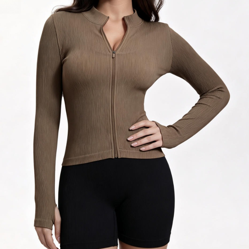 Women Ribbed Long Sleeve Zip U - đánh giá và giá Yoga Of Fitness